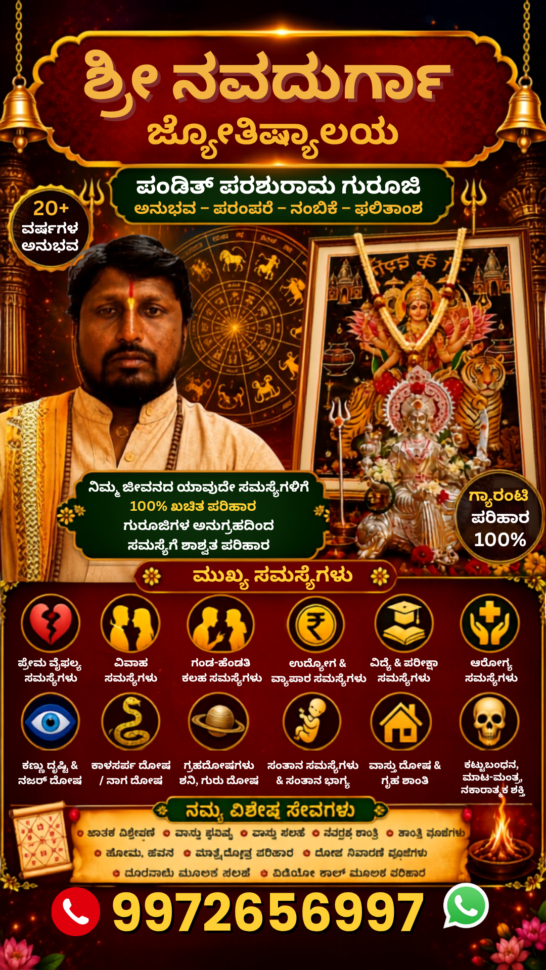 Astrologer Pandit Parashuram Guruji with Goddess Navadurga and a Vedic zodiac chart